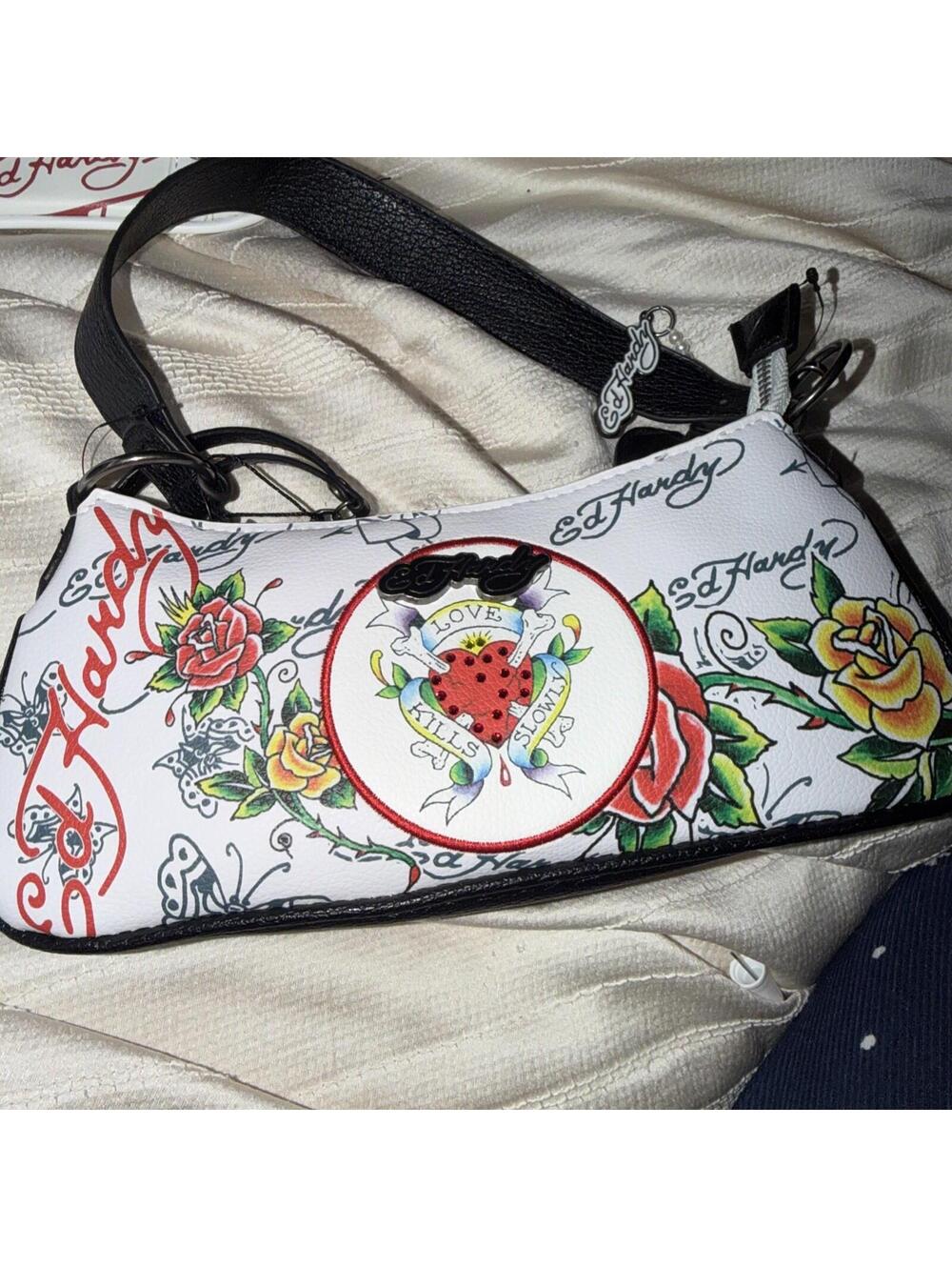 Ed Hardy White Heart Tattoo Shoulder Bag Rhinestone Y2K NWT NoStrap Multicolor
